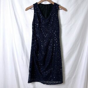 Alice + Olivia Womens Sequin Sheer Lace Mini Dress Navy Size 0 Fairy Whimsigoth